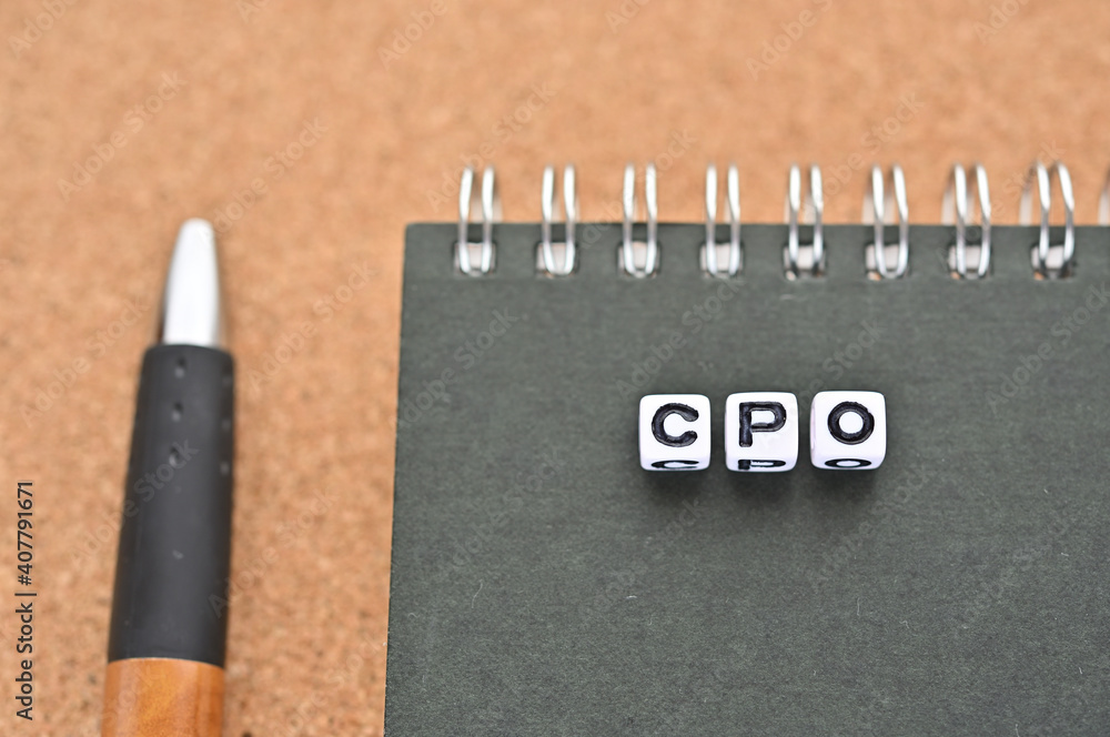 Poster a word cube arranged in the shape of cpo sits on top of the notebook. it's an abbreviation for cost 