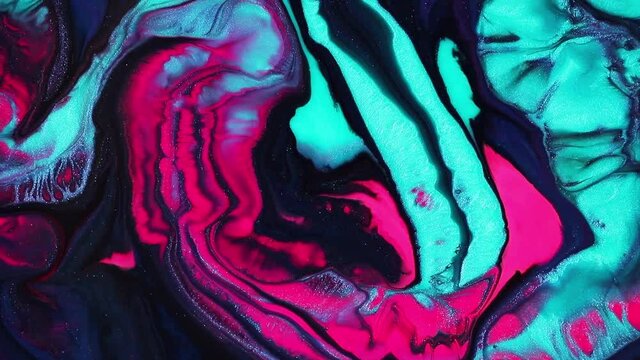 Fluid art painting video, trendy acryl texture with flowing effect. Liquid paint mixing backdrop with splash and swirl. Detailed background motion with pink, purple and aquamarine overflowing colors