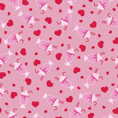 Seamless pattern for Valentine's Day. Vector pattern with cocktails and hearts on a pink background. For design of fabrics, packaging and wallpapers.
