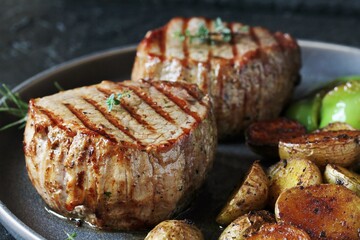 grill filet mignon and vegetables, grilled. steak mignon from the meat of young beef