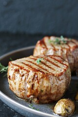 grill filet mignon and vegetables, grilled. steak mignon from the meat of young beef