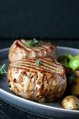 grill filet mignon and vegetables, grilled. steak mignon from the meat of young beef