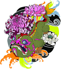 Hand drawn Monster of Buddhism  tattoo ,Animal mixed between dragon and fish. Thai Language call 