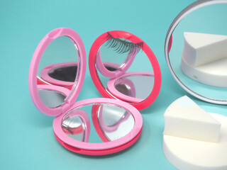 High Quality Magnifying Mirror, Creative Beauty Supplies Photography, Abstract Cosmetic Products Lineup, Small Cosmetic Vanity Mirror, Surreal Compact Mirror Photoshoot, Pink Reflection, Eyelash Style