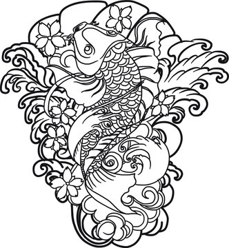 hand drawn koi fish with flower tattoo for Arm.Japanese koi carp fish isolate for arm tattoo.Design for deck surf skateboard.