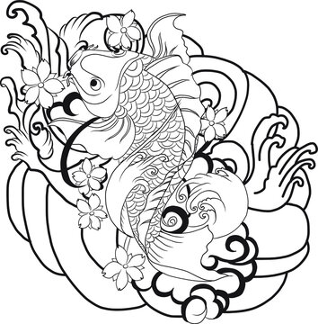 hand drawn koi fish with flower tattoo for Arm.Japanese koi carp fish isolate for arm tattoo.Design for deck surf skateboard.