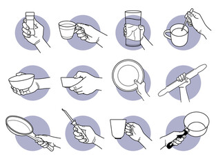 Hand holding kitchen crookery and drinking cup. Vector illustrations of hand holding cup, mug, glass, bowl, plate, roller, frying pan, can opener, and saucepan.