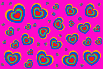 Colourful Hearts in a pink background.