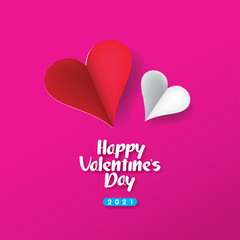 Happy Valentine`s Day 2021 Card Illustration Vector Design. 3D papercut Hearts