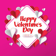 Happy Valentine`s Day 2021 Card Illustration Vector Design. 3D papercut Hearts