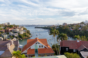 Mosman Bay aerial panorama on the lower north shore of Sydney. Mosman Bay is surrounded by the...