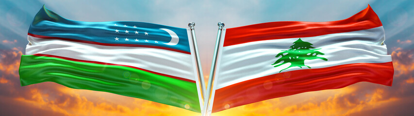 Double Flag Lebanon الجمهورية اللبنانية and Uzbekistan flag waving flag with texture sky Cloud and sunset