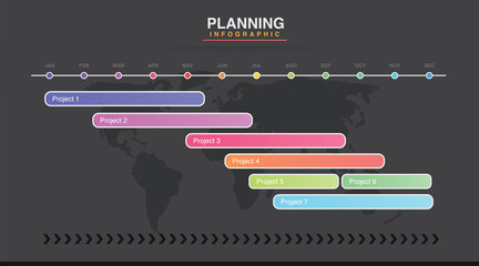 Dark Mode Infographic template for business. Modern Timeline diagram calendar with grantt chart, presentation vector infographic. Year planner, 12 months, 1 year processes and goal