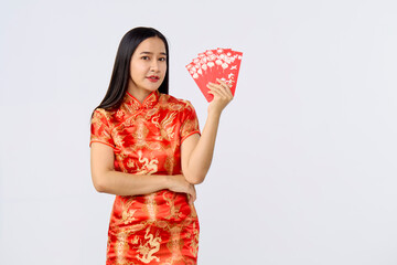 Asian woman in traditional red cheongsam dress