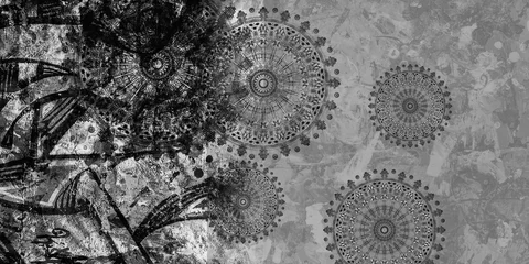 Poster Im Rahmen mandala Black and white vintage art, ancient Indian vedic background design artistic work, old painting texture with multiple mathematical shapes © RAKR