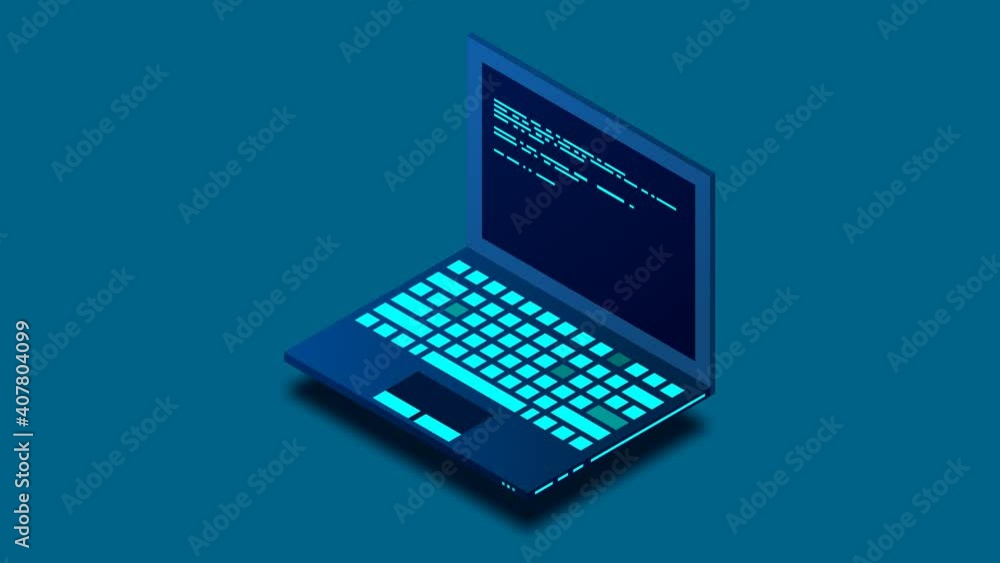 Fototapete Programming or Software development loopable concept. Isometric Laptop with programming code. Programming concept. 4K seamless loop video footage.