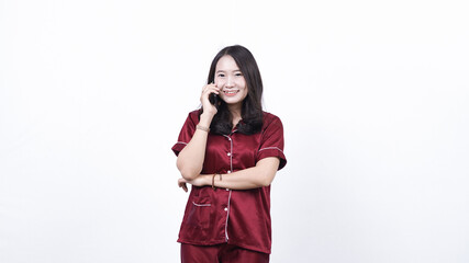 woman wearing pajama calling isolated white background