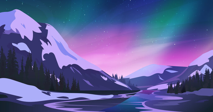 Northern lights against the mountains landscape.