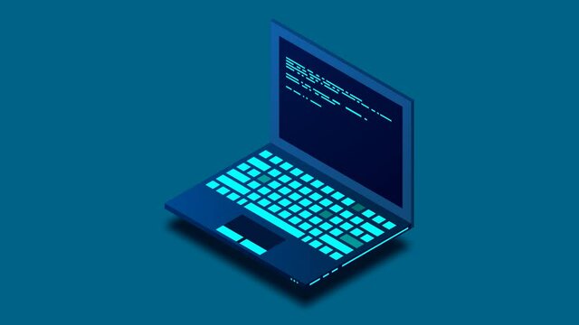 Programming or Software development loopable concept. Isometric Laptop with programming code. Programming concept. 4K seamless loop video footage.