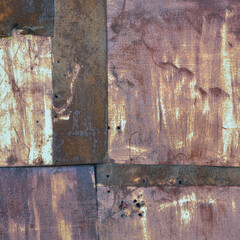 Old aged weathered rusty corroded coat iron sheets texture pattern, multiple horizontal rusted corroding grunge metal patch plates, rustic patched hut shack wall macro closeup, large detailed textured