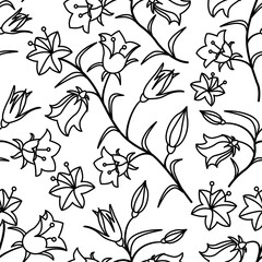 A seamless pattern with bell flowers. Black contour on a white background. Vector illustration.