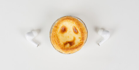 Baked egg tart on white background