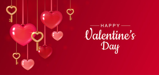 Fototapeta na wymiar Valentines day banner with red hearts and golden keys.