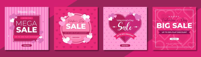 Valentines day mega sale social media post template design. Brand business promotion banner, poster & flyer for digital marketing. Creative web banner with logo, heart icon & valentine background.