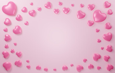 Valentines hearts with copy space on pink background. 3d illustration.