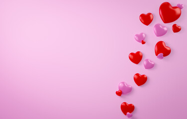 Valentines hearts with copy space on pink background. 3d illustration.