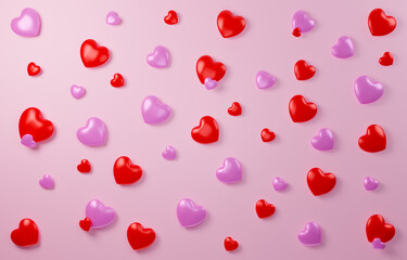 Valentines hearts on pink background. 3d illustration.