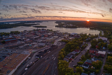 Aerial View of Kenora, Ontario at sunset in summer