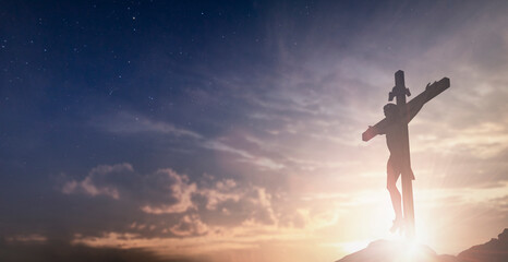 Jesus christ crucifix cross on heaven sunrise concept christmas catholic religion, forgiving christian worship god, happy easter day, praying praise good friday sunrise background, bible gospel sunday