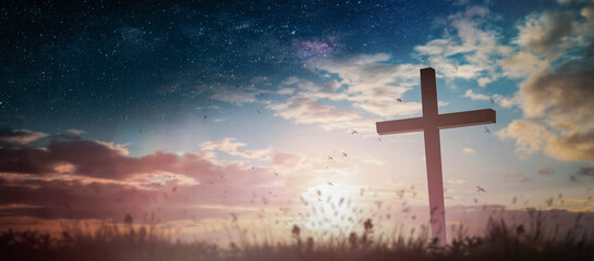 Jesus christ crucifix cross on heaven sunrise concept christmas catholic religion, forgiving christian worship god, happy easter day, praying praise good friday sunrise background, bible gospel sunday