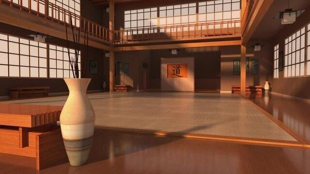 3D Illustration of a Modern Japanese Karate School or Dojo Interior.  Public Domain Photos on Wall Courtesy of Library of Congress.  Kanji Symbol means The Way.
