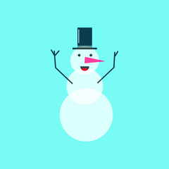 funny smiling snowman in black topper hat on blue background, Christmas and winter joy, flat design