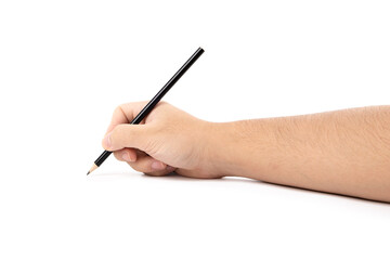 Man hands holding pencil, writing, drawing, pointing isolated on white background