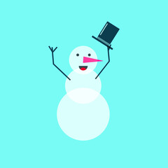 funny smiling snowman taking off his a black topper hat, greeting smowman Christmas and winter joy, flat design