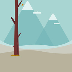 lonely tree with just a few leaves on it, mountains and clouds on background, autumn scape, flat vector illustration