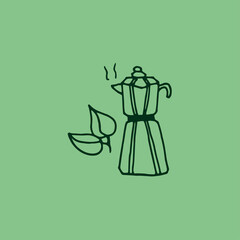 moka pot with leaf vector illustration isolated on green background. traditional coffee maker. hand drawn vector. doodle cooffee for wallpaper, cover, banner, poster, sticker, clipart, advertisement.