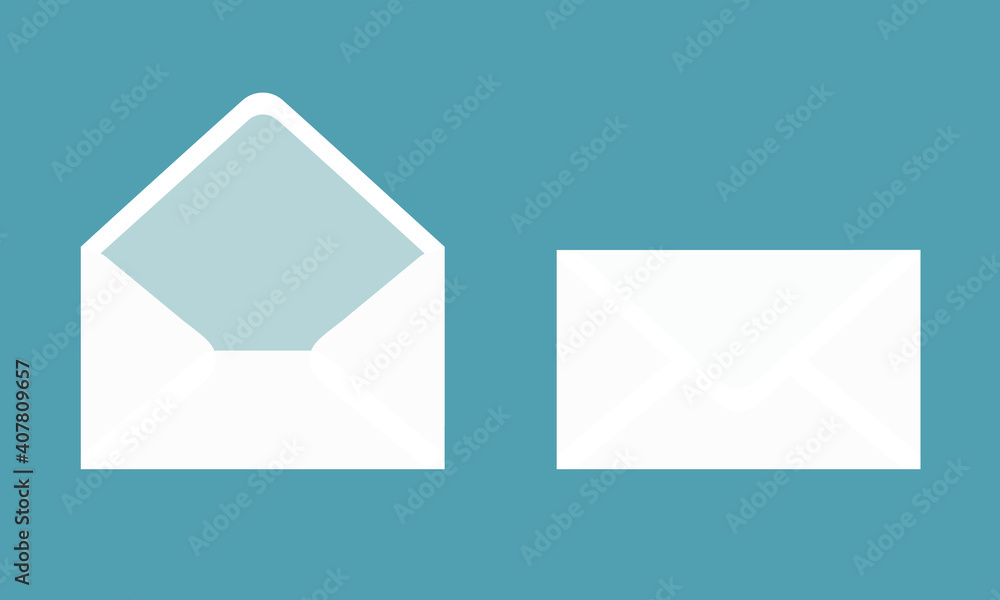 Poster flat design illustration of open and closed white paper envelopes. object with transparency on a gre