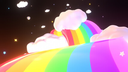 Cartoon magic rainbow road in the sky with stars and fluffy white clouds. 3d rendering picture.