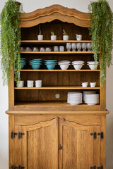 Wooden shelf with plates and bowls