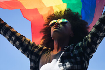 Mixed race woman standing on rooftop holding rainbow flag