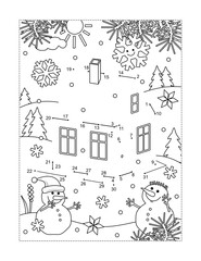 Small house, or cabin, in winter scene and two snowmen full page connect the dots puzzle and coloring page
