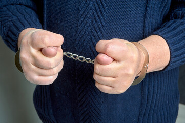 men's hands in handcuffs show a fig