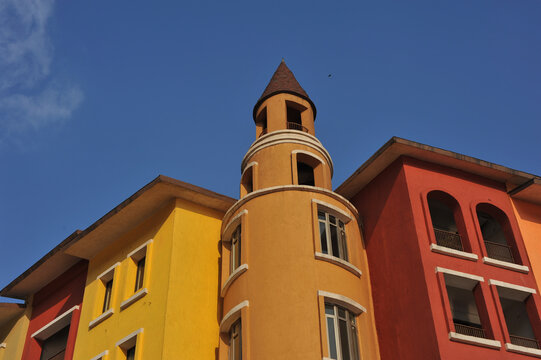 Low angle shot of colorful buildings in Lavasa, India