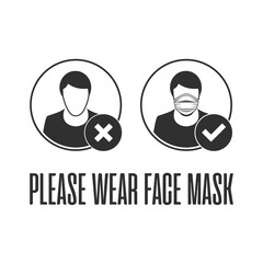 Please wear face mask illustration in flat style. Medical masks on Man and Woman Faces. Virus Protection. Breathing Respirator Mask. Health Care Concept. Vector EPS10.
