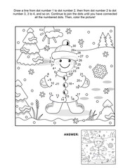 Gingerbread girl connect the dots puzzle and coloring page, activity sheet for kids. Numbers from 1 to 30. Answer included.
