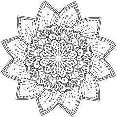 Mandala flower with double-layered core and shaded petals, anti stress coloring page for kids and adults